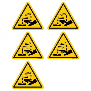 Autocollants Danger substances corrosives ISO 7010 W023 - Lot de 5
