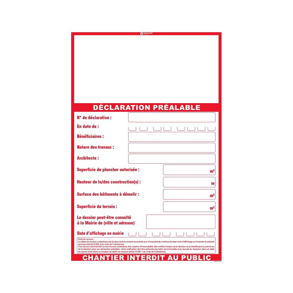 Panneau Déclaration préalable construction ou travaux - 80x120cm - 5 ...