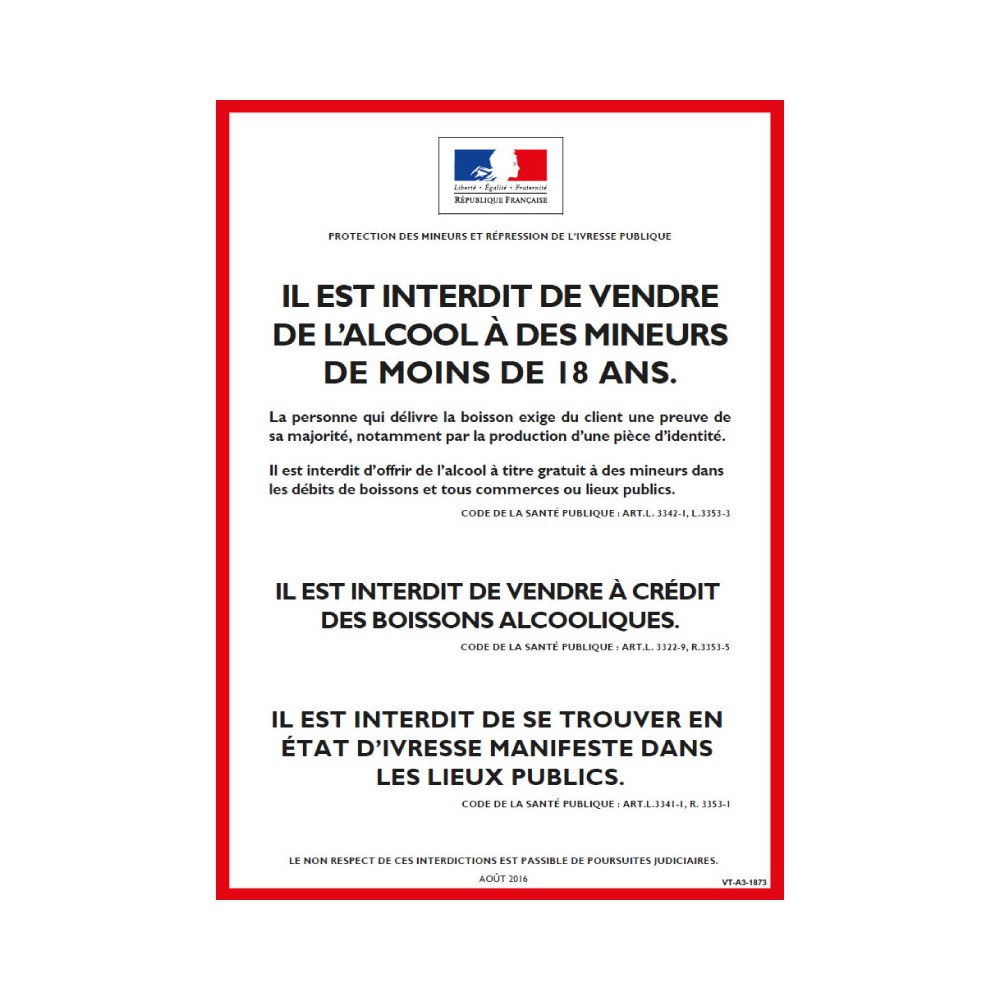 Panneau Interdiction de vente de l'alcool à des mineurs dans des lieux publics Panneau Interdiction de vente de l'alcool à des mineurs dans des lieux publics
