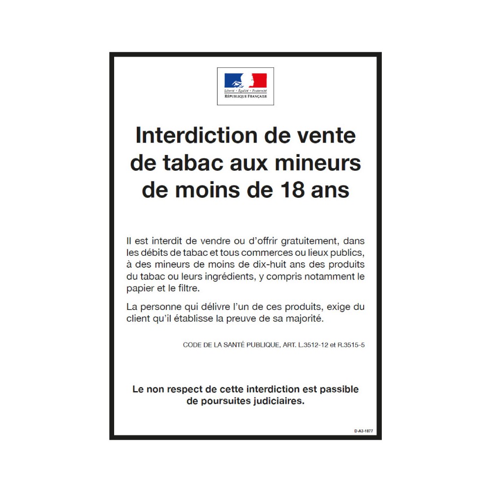 Panneau Interdiction de vente de tabac aux mineurs de moins de 18 ans