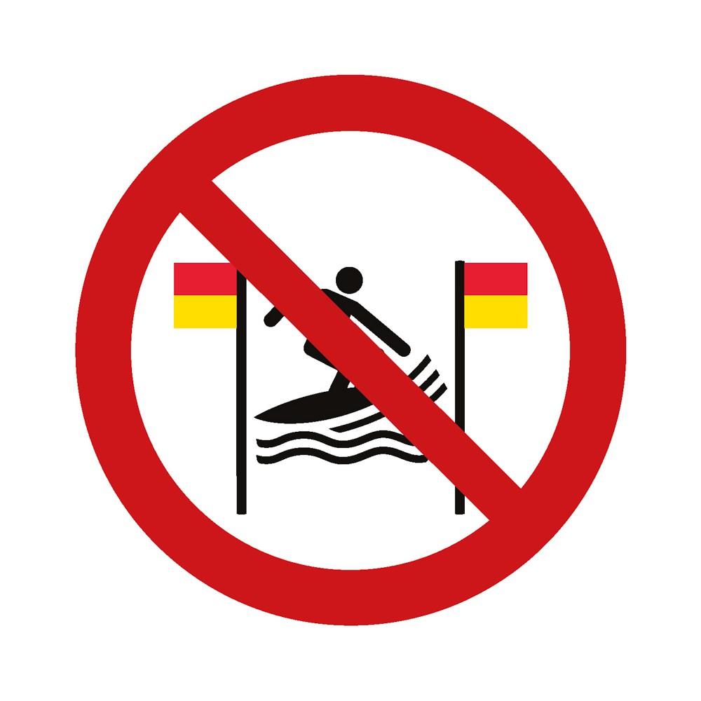 Panneau Pratique du surf interdite entre les drapeaux rouges et jaunes P064 - ISO 7010